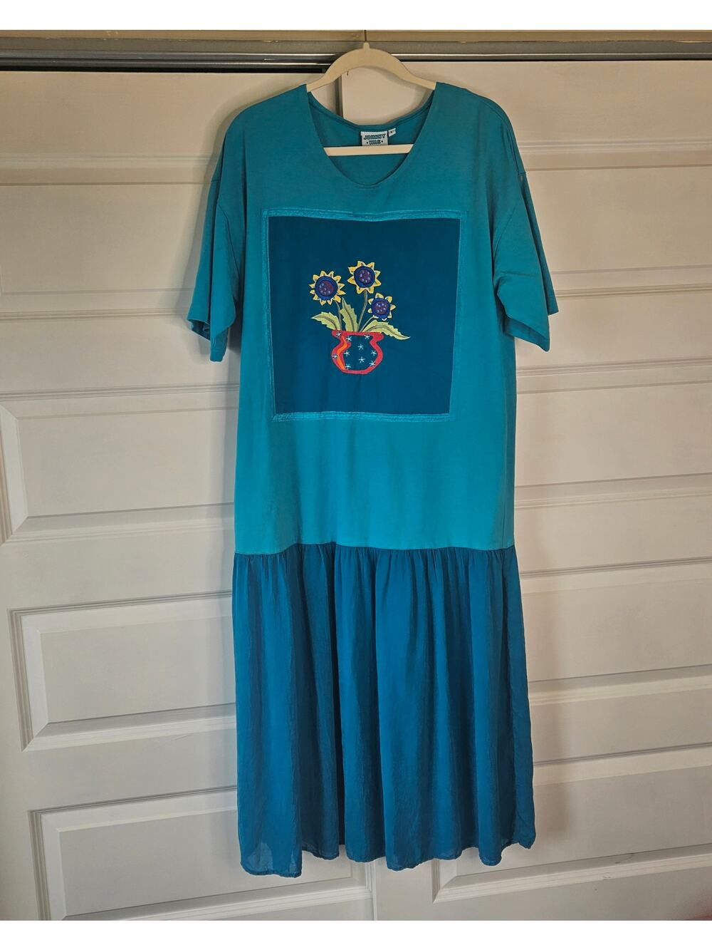 Vintage Johnny Was T-Shirt Maxi Dress Teal Blue Embroidered Sunflower Large L